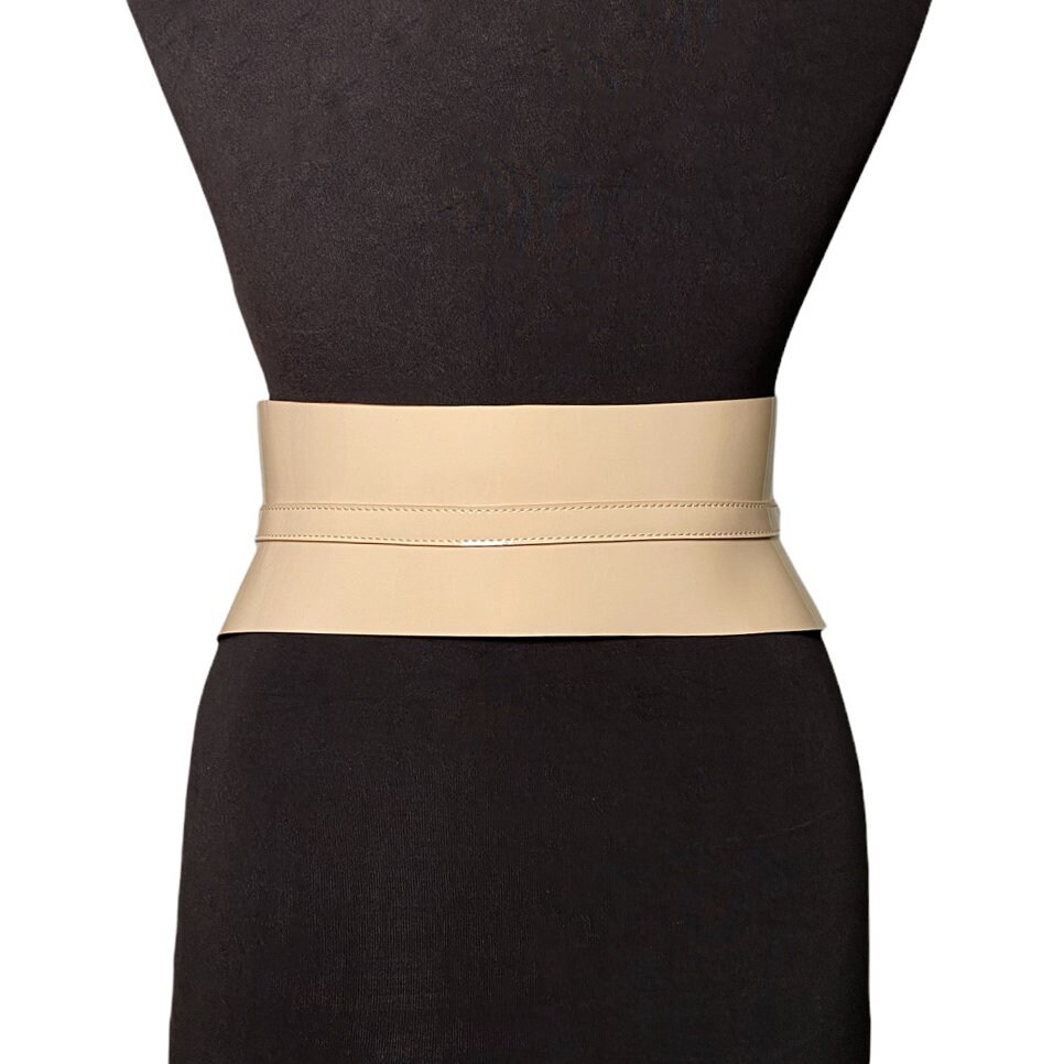 Plus Size Nude & Gold Patent Leather Statement Belt Plus Size Iconic Buckle Statement Patent Belt – SmorgeousByGina main image 3