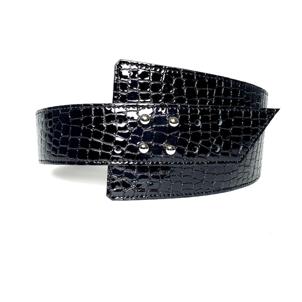 XXS - 5XL Black Croc Patent Uneven Geometric Leather Wide Waist belt, Plain leather waist belt, Wide Leather Belt