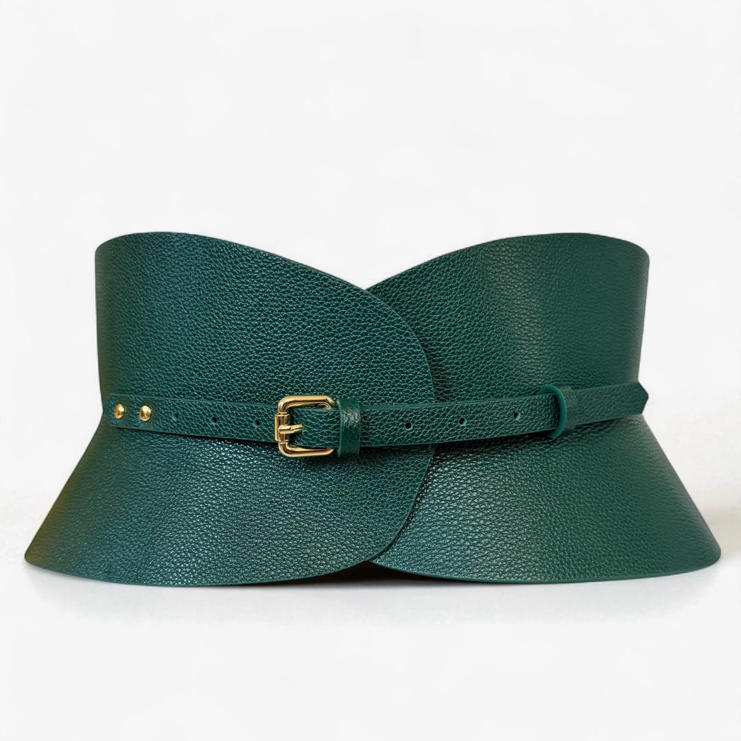 XXS - XXXL Green Leather Corset, Hourglass Wide Belt, Plain  display picture 2