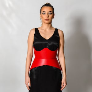 Corpete de couro vermelho XO, XXS-5XL, cinto largo de ampulheta, cinto de couro liso nos quadris e na cintura, espartilho largo de couro curvo
