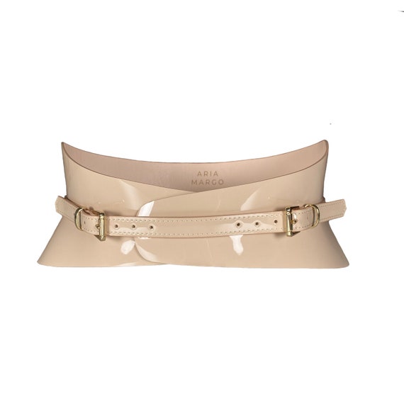 Nude Patent Slim Leather Corset Belt – Waist Wrap Gold  display picture 1