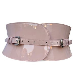 XXS - 3XL Dust Pink Patent Leather Corset, Hourglass Curved wide Plain leather waist belt