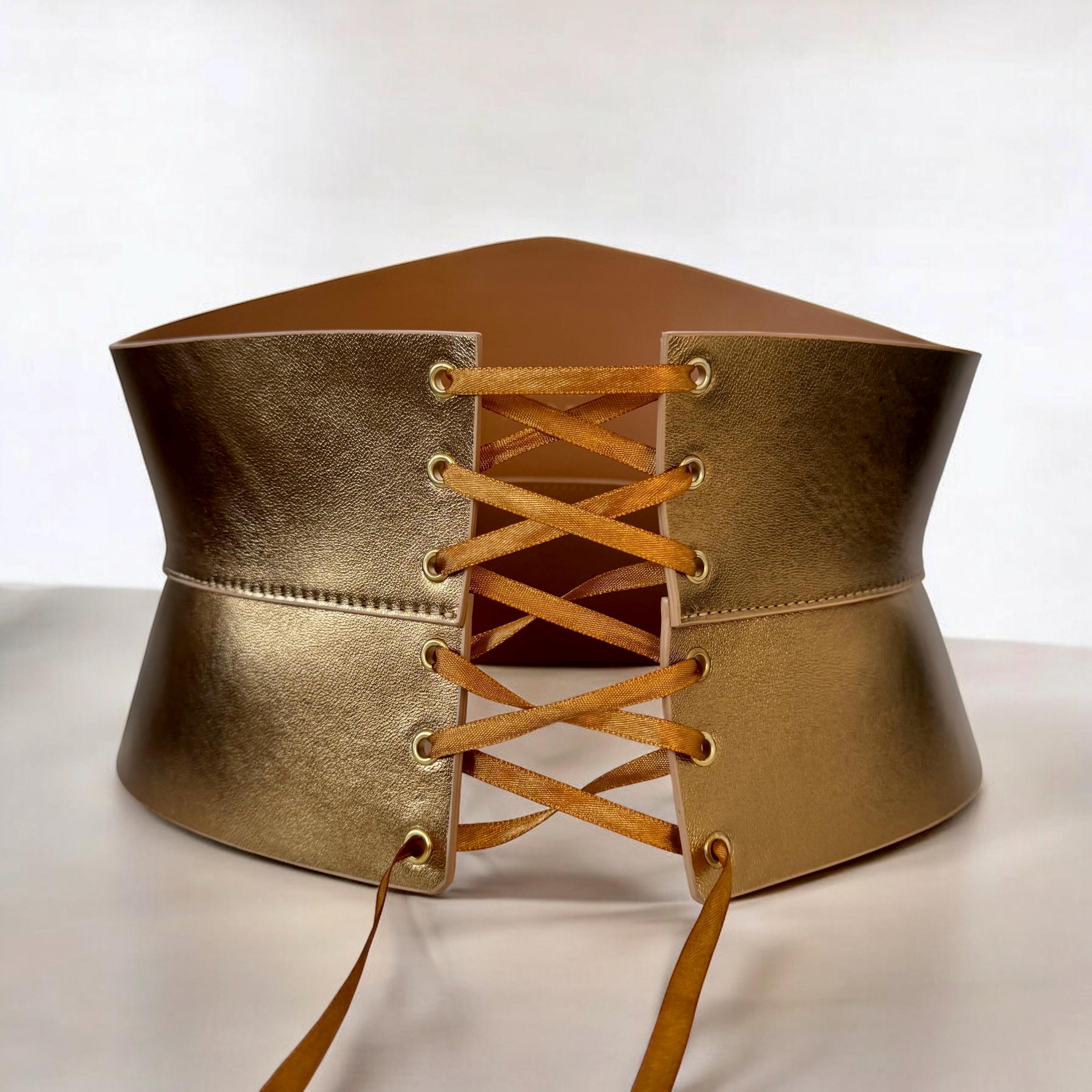 Gold Lace Cord Leather Corset – Wide Waist Belt, Genuine  display picture 2