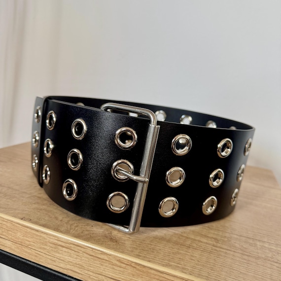Black Leather Eyelet Corset Belt, Wide Military Buckle - Etsy display picture 1