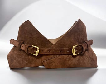 Brown Suede Leather Corset Belt, Wide Waist Wrap