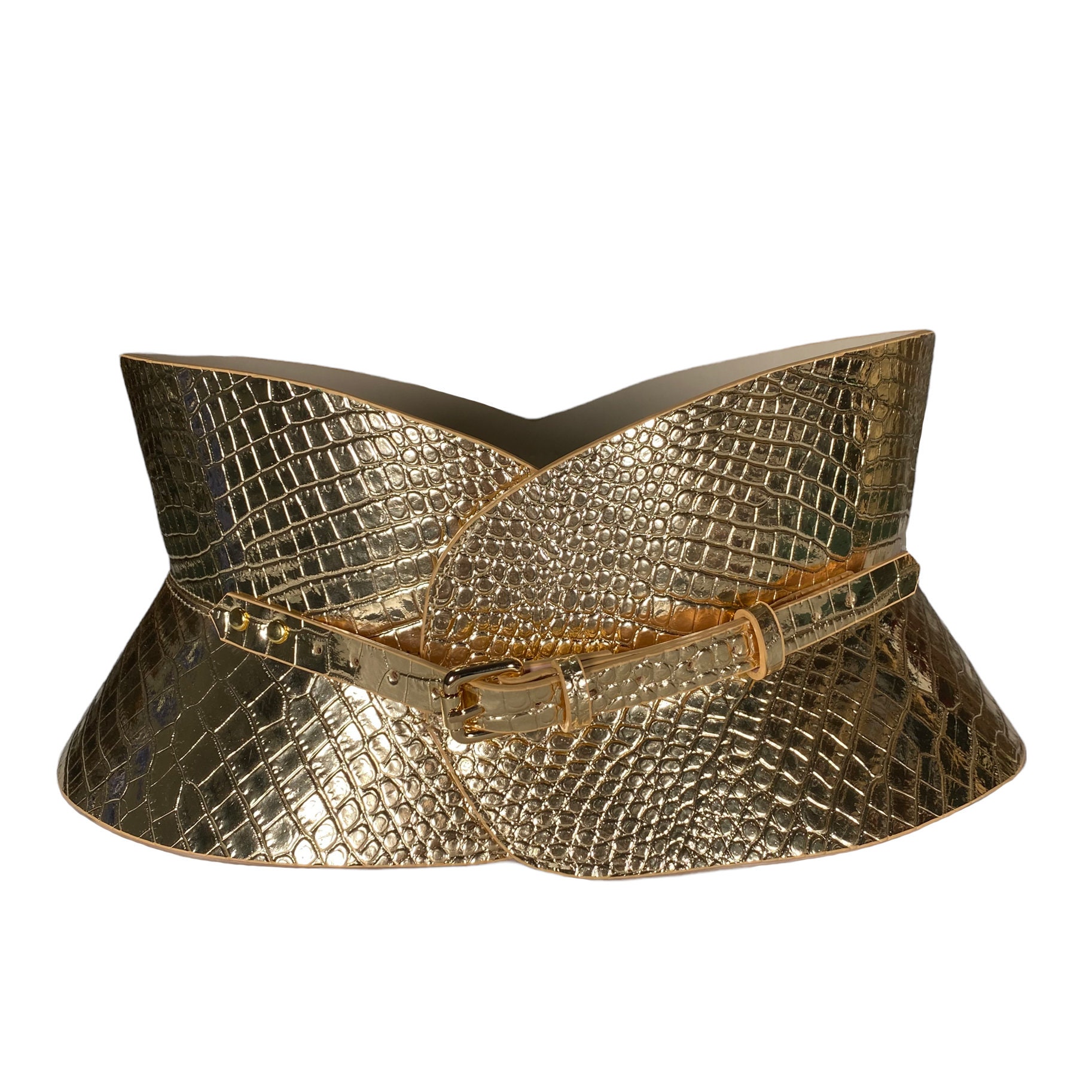 XXS - 3XL Gold Croc Patent Leather Corset, Hourglass Wide Belt