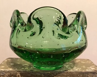 Green Art Glass Bowl: May be Murano Controlled Bubble Design, Trinket Dish