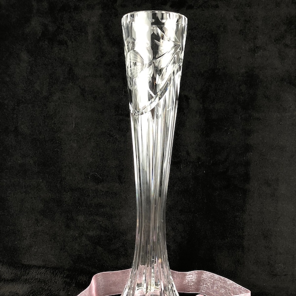 Tall Crystal Cut & Etched Vase with Ribbed sides and Flaired bottom