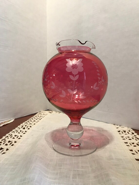 Etched Cranberry Crystal Globe Vase Footed Etsy