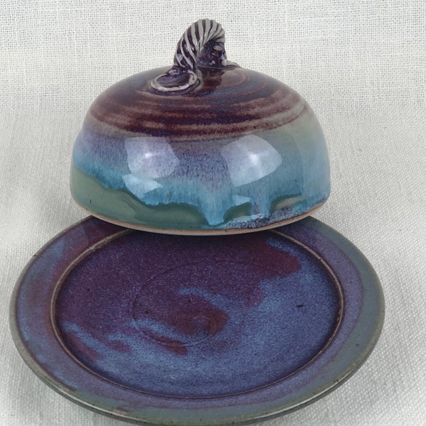 Hand Thrown Pottery Butter Dish/Cheese Dish Vintage Glazed in Purples Aqua Earthy Green & Cocoa