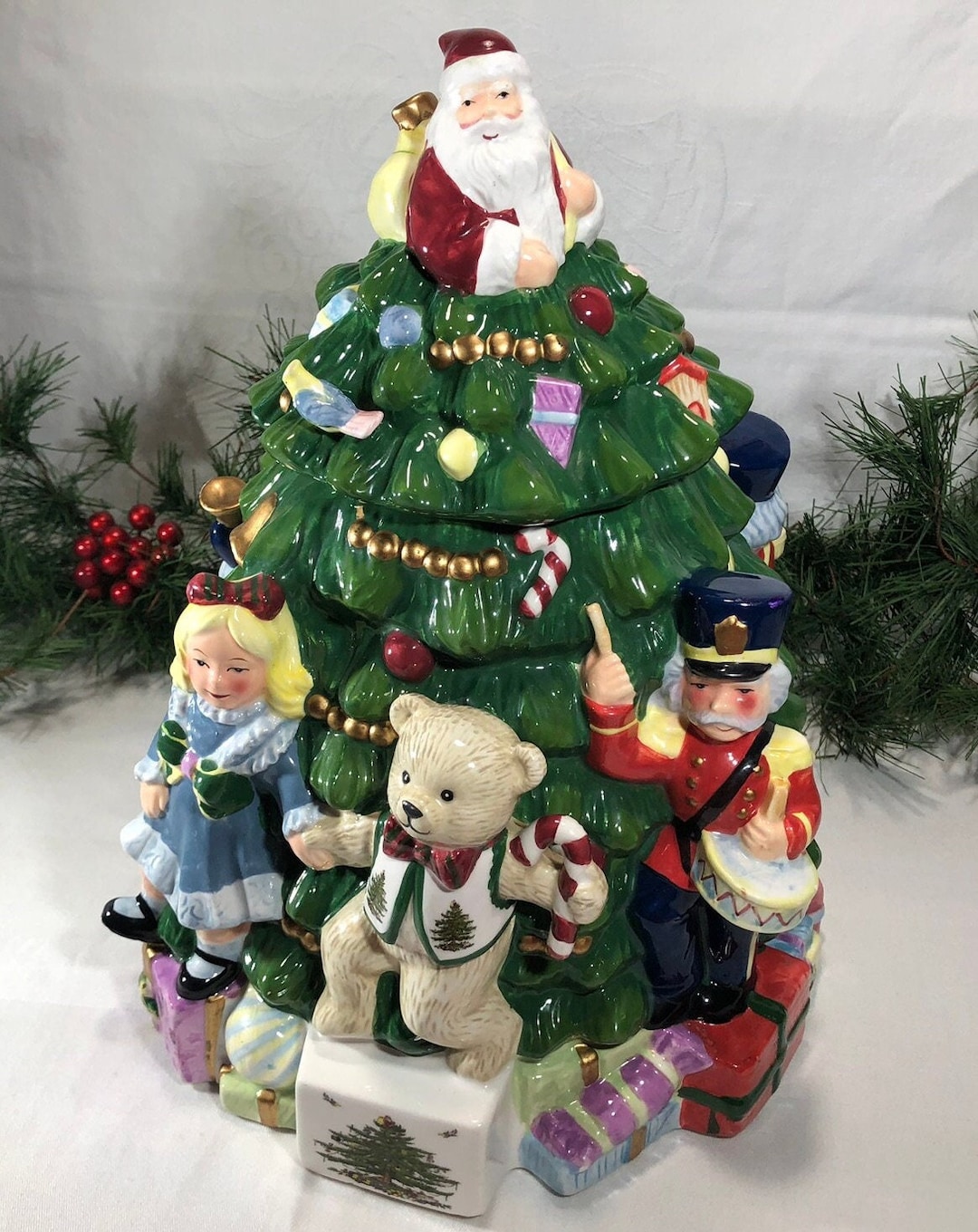 Spode Christmas Tree Cookie Jar Vintage Hand-painted 'toys Around