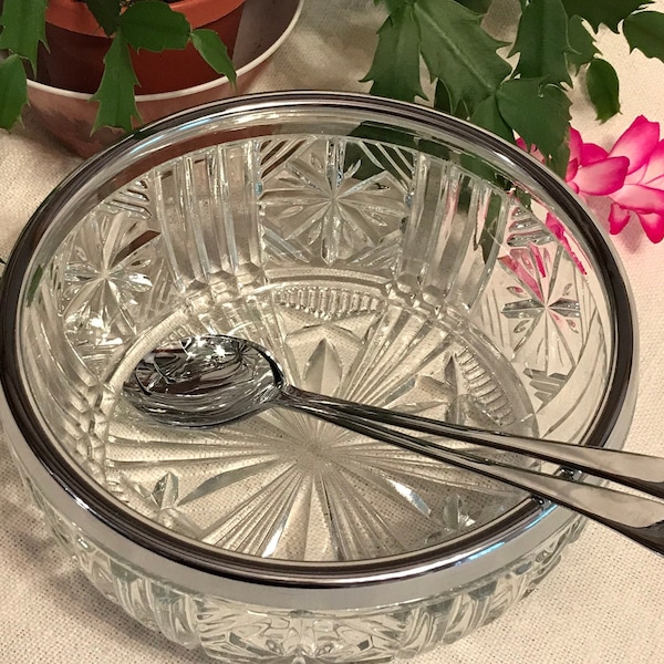 Raimond Salad Bowl Clear Cut Crystal Glass Silver Rim and Starburst Panels with Utensils