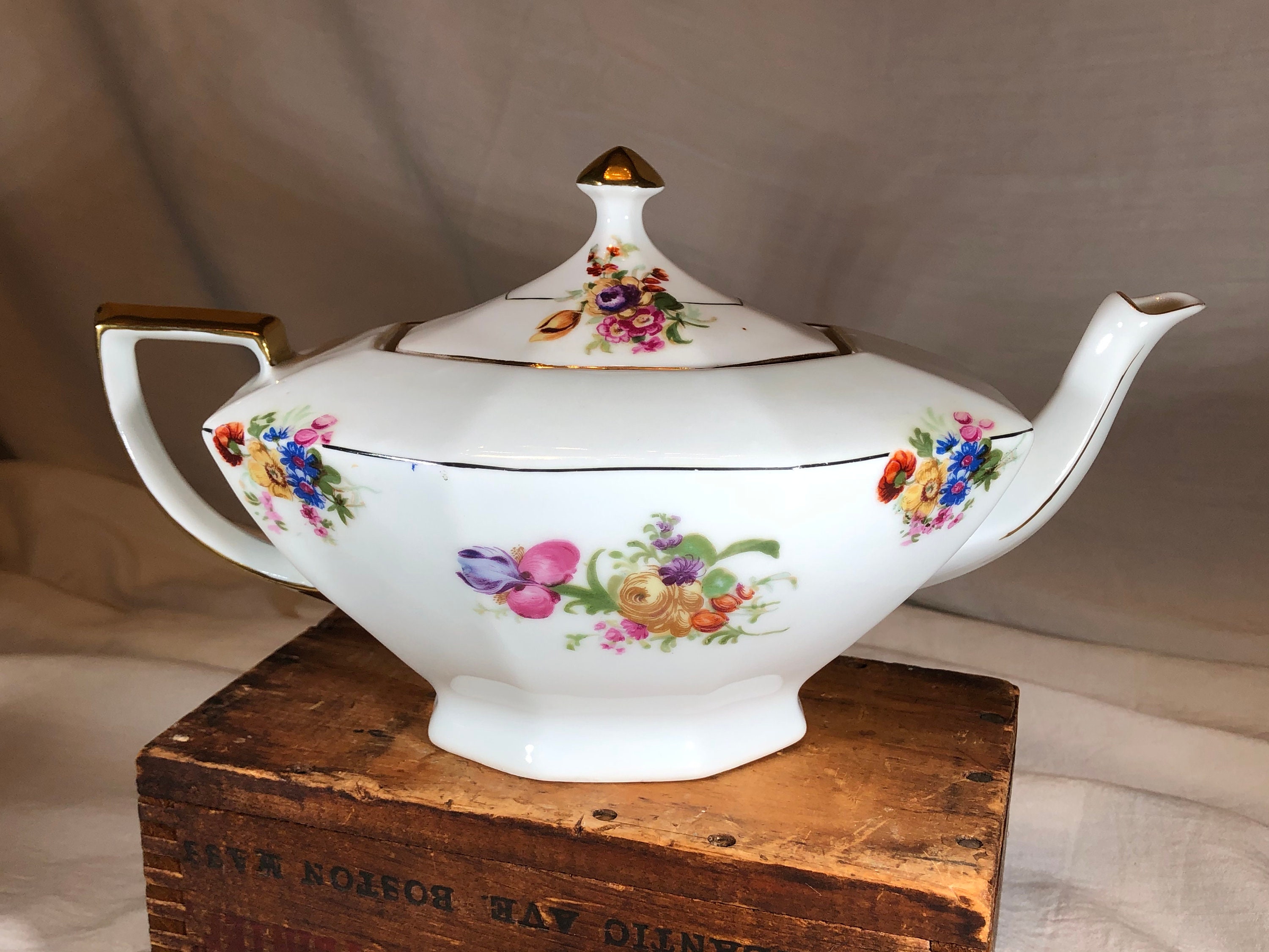 Victoria China Teapot Maytime Pattern Czechoslovakia Etsy