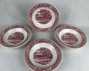 VTG Royal Ironstone Set of 4 Soup Bowls Red Transfer Ware on White Made in USA