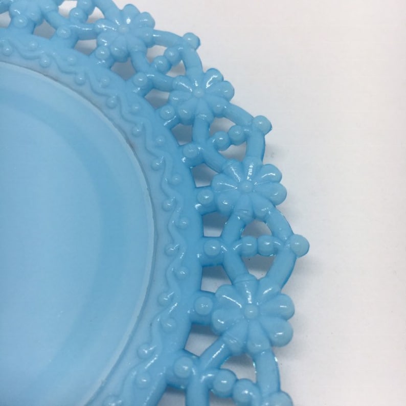 Very Rare Antique EAPG Blue Milk Glass Plate with lattice border of flowers and beads