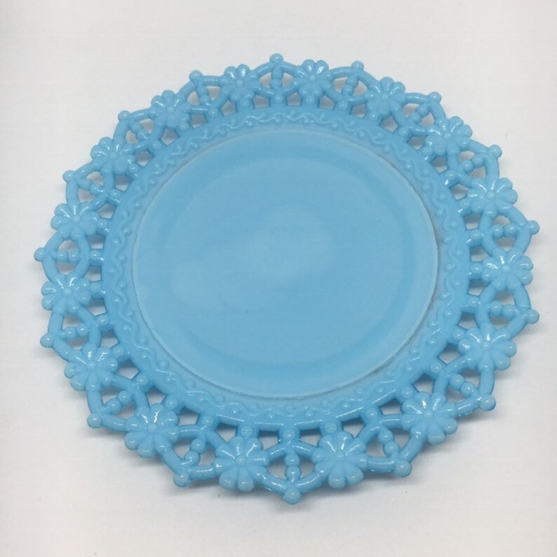 Very Rare Antique EAPG Blue Milk Glass Plate with lattice border of flowers and beads