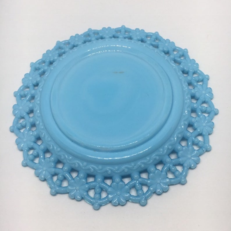 Very Rare Antique EAPG Blue Milk Glass Plate with lattice border of flowers and beads