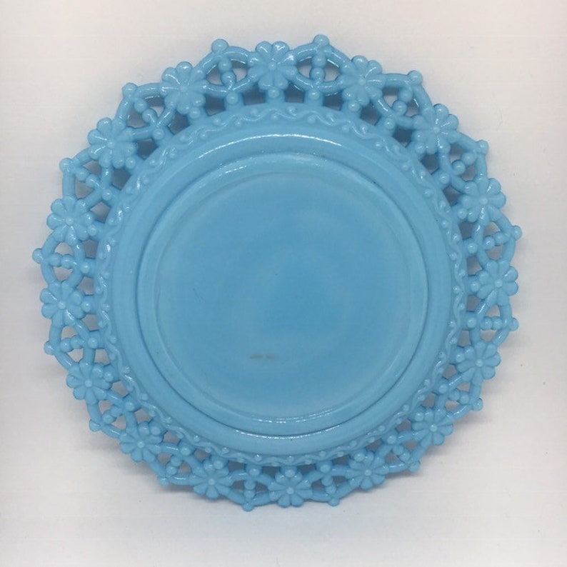 Very Rare Antique EAPG Blue Milk Glass Plate with lattice border of flowers and beads