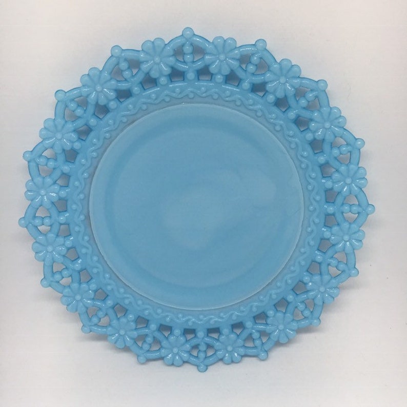 Very Rare Antique EAPG Blue Milk Glass Plate with lattice border of flowers and beads