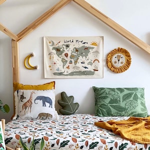 World Map Wall Hanging (small), 100% unbleached organic cotton world map chart, a beautiful addition to your child's bedroom or playroom
