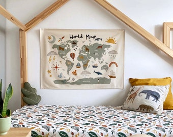 World Map Wall Hanging (large), 100% unbleached organic cotton world map chart, a beautiful addition to your child's bedroom or playroom