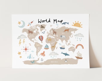 World Map print in beige, nursery wall art, nursery poster, wall decor, modern art print, the perfect baby or kids birthday gift