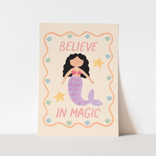 Acredite na Magia - Estampa de sereia, decoração infantil com tema de sereia, decoração para quarto de bebê, presente de aniversário perfeito para ela ou decoração de parede.