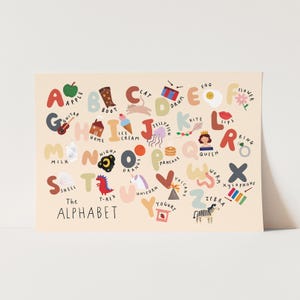 Afdruk van het alfabet (Amerikaanse spelling), liggend kinderalfabetdiagram, kinderkamerinrichting, perfect verjaardagscadeau voor haar of wanddecoratie