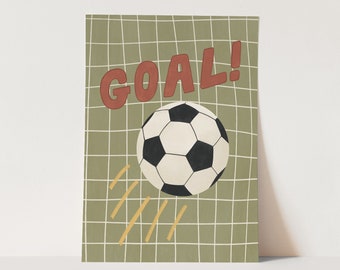 May include: A green and white grid pattern with a black and white soccer ball and the word "GOAL!" in red letters.