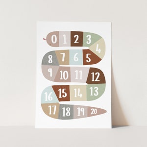 Stampa con numeri a forma di serpente in marrone/verde, poster con numeri colorati, stampa educativa, arte per la cameretta dei bambini, regalo perfetto per neonati o decorazioni per la cameretta dei bambini.