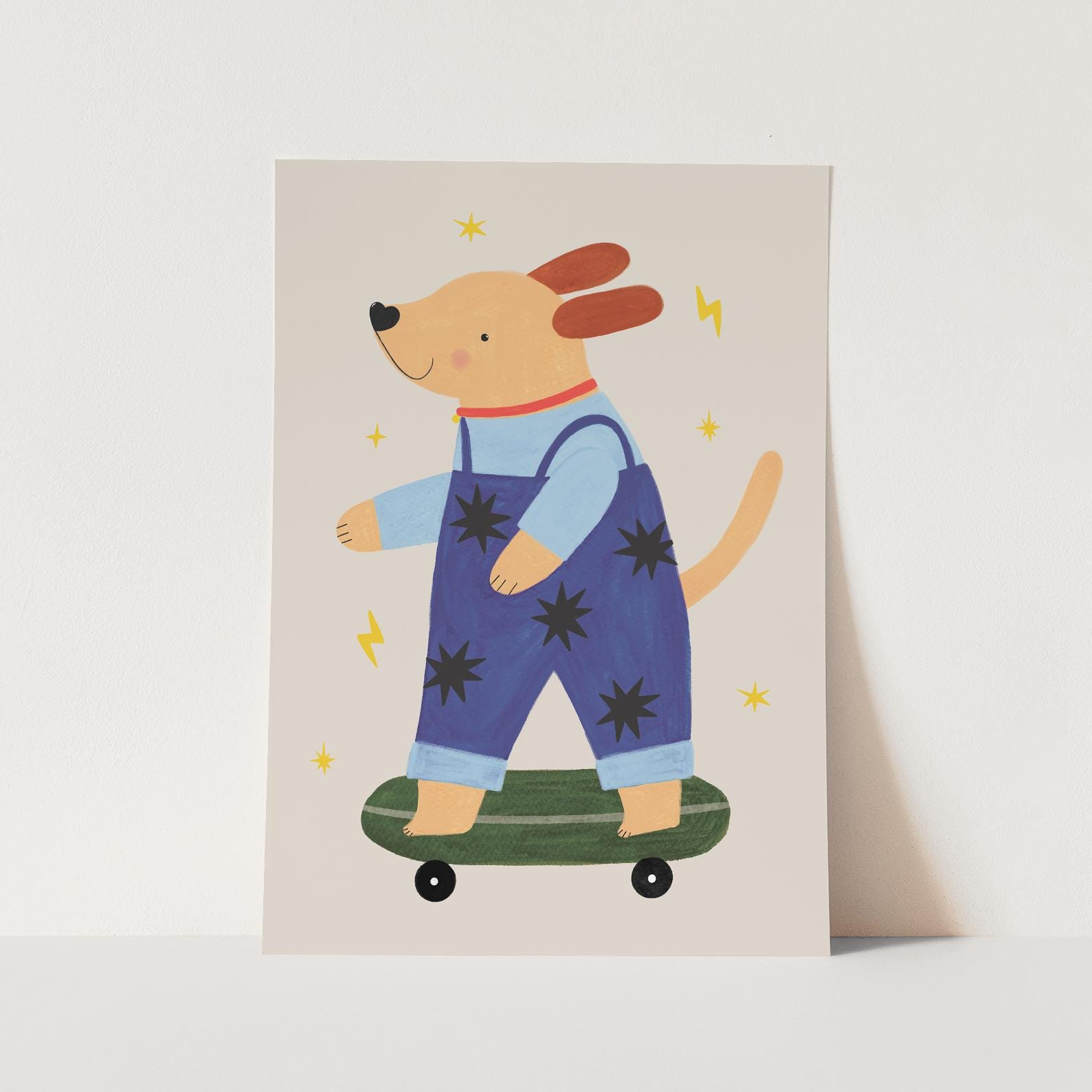 Impresión de cachorro patinador en azul, decoración de perro patinador para niños, decoración de guardería, regalo de cumpleaños perfecto para él o decoración de pared