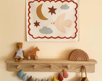 Night Sky Wall Hanging, Organic Cotton Kids Banner, Celestial Nursery Decor, Moon and Stars Wall Art, Playroom Decor