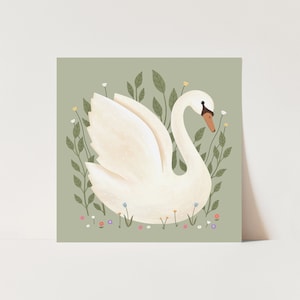 Swan print in sage, children's decor, nursery flower decor, perfect birthday gift for her or wall decor