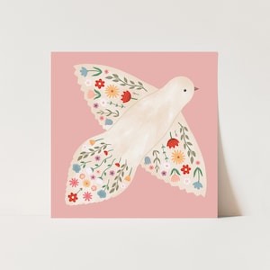 Floral Dove print in pink, children&#39;s decor, nursery rainbow decor, perfect birthday gift for her or wall decor