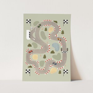 Pista de carreras en color salvia, arte de pared para habitación infantil, impresiones artísticas infantiles, regalo de cumpleaños perfecto o decoración infantil