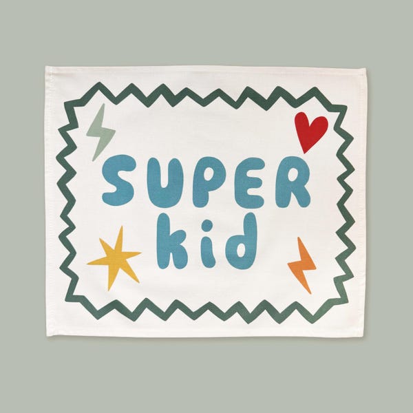 Super Kid in banner in blue and green, Organic Cotton Kids Room Decor, Modern Superhero Bedroom Wall Hanging, Nursery Art