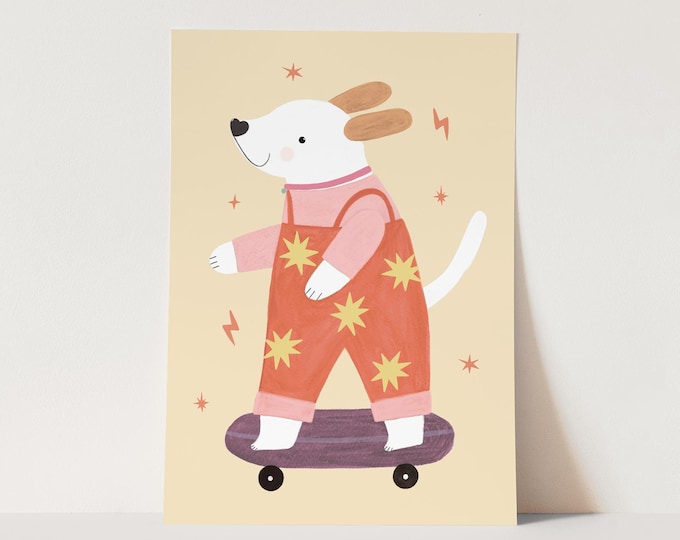Skater Pup print, children's skateboard dog decor, nursery decor, perfect birthday gift for her or wall decor