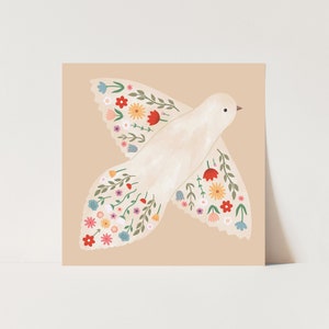 Floral Dove print in peach, children&#39;s decor, nursery rainbow decor, perfect birthday gift for her or wall decor