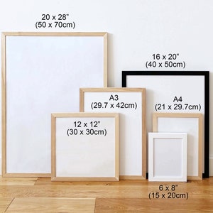 May include: A comparison of different picture frame sizes, including 20x28 inches (50x70 cm), 16x20 inches (40x50 cm), 12x12 inches (30x30 cm), A3 (29.7x42 cm), A4 (21x29.7 cm), and 6x8 inches (15x20 cm).