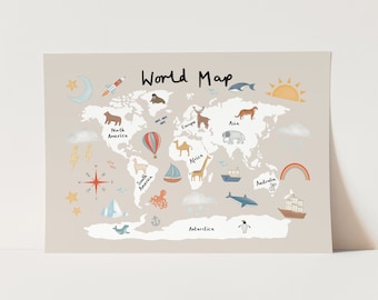 World Map print in stone, nursery wall art, nursery poster, wall decor, modern art print, the perfect baby or kids birthday gift