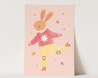 May include: A pink background with a brown bunny wearing a red and white striped sweater with a white flower on the front. The bunny is wearing yellow pants with white polka dots and pink roller skates. There are small pink butterflies and gold stars scattered around the bunny.