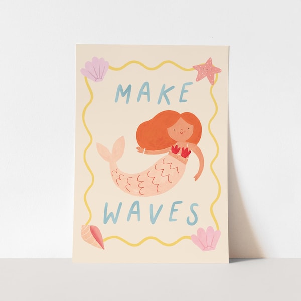 Estampa de sereia "Make Waves", decoração infantil com tema de sereia, decoração para quarto de bebê, presente de aniversário perfeito para ela ou decoração de parede.
