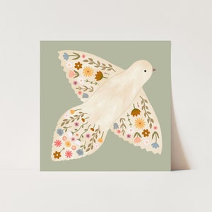 Floral Dove print in sage, children&#39;s decor, nursery rainbow decor, perfect birthday gift for her or wall decor