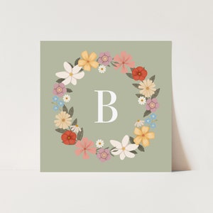 Personalised Floral Wreath print in sage, children's decor, flower theme, girl's bedroom