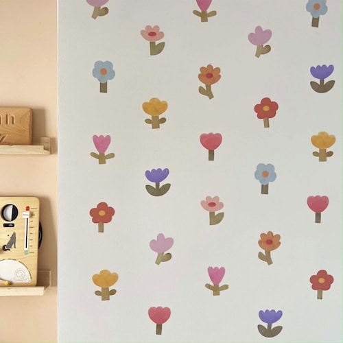 Adesivos de parede com flores coloridas (pequenos), adesivo de tecido removível, decalque de parede com flores, adesivo de parede com efeito de papel de parede