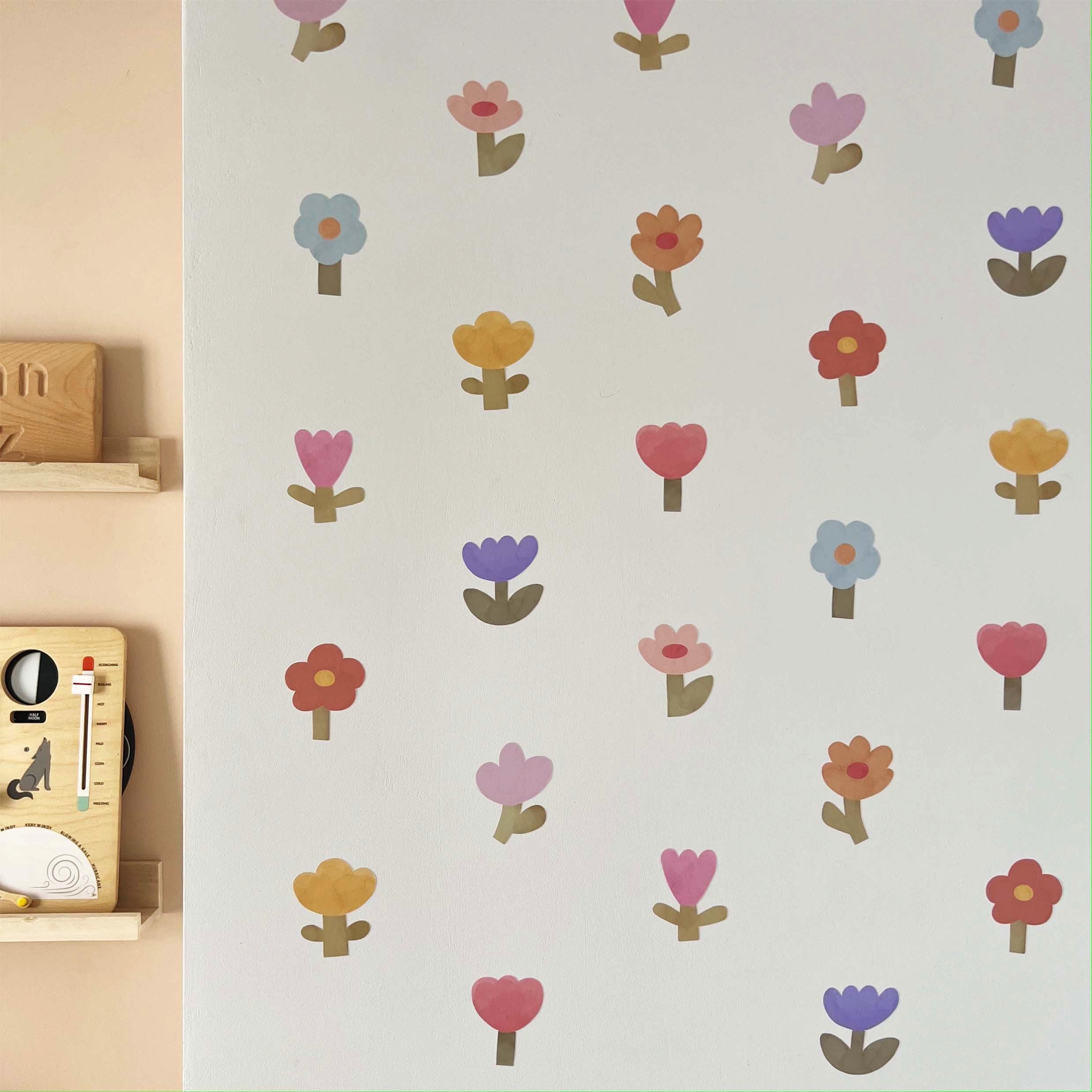 Colourful Flowers (small) wall stickers, removable fabric sticker, flower wall decal, wallpaper effect wall sticker