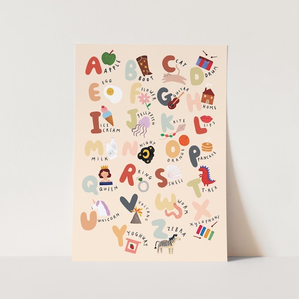 The Alphabet (UK spelling) print, children's Alphabet chart, nursery decor, perfect birthday gift for her or wall decor
