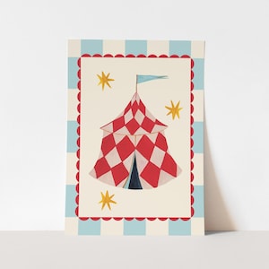 May include: A colourful illustration of a circus tent with a red and white diamond pattern. The tent has a blue flag at the top and is surrounded by yellow stars. The artwork is framed by a blue and white checkered border and a red scalloped edge.