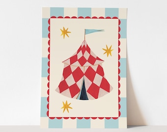 May include: A colourful illustration of a circus tent with a red and white diamond pattern. The tent has a blue flag at the top and is surrounded by yellow stars. The artwork is framed by a blue and white checkered border and a red scalloped edge.
