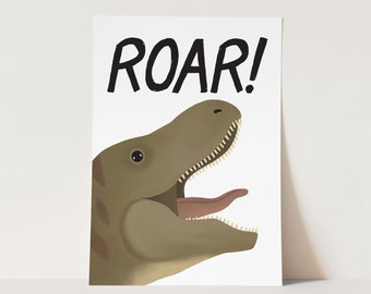 Roar Dinosaur print in white, Dinosaur Wall Art, Children's Wall Art, perfect birthday gift or nursery decor